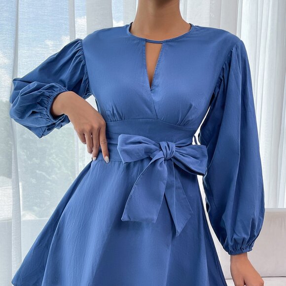 Round Neck Tie Waist Long Sleeve Mini Dress - Picture 1 of 7